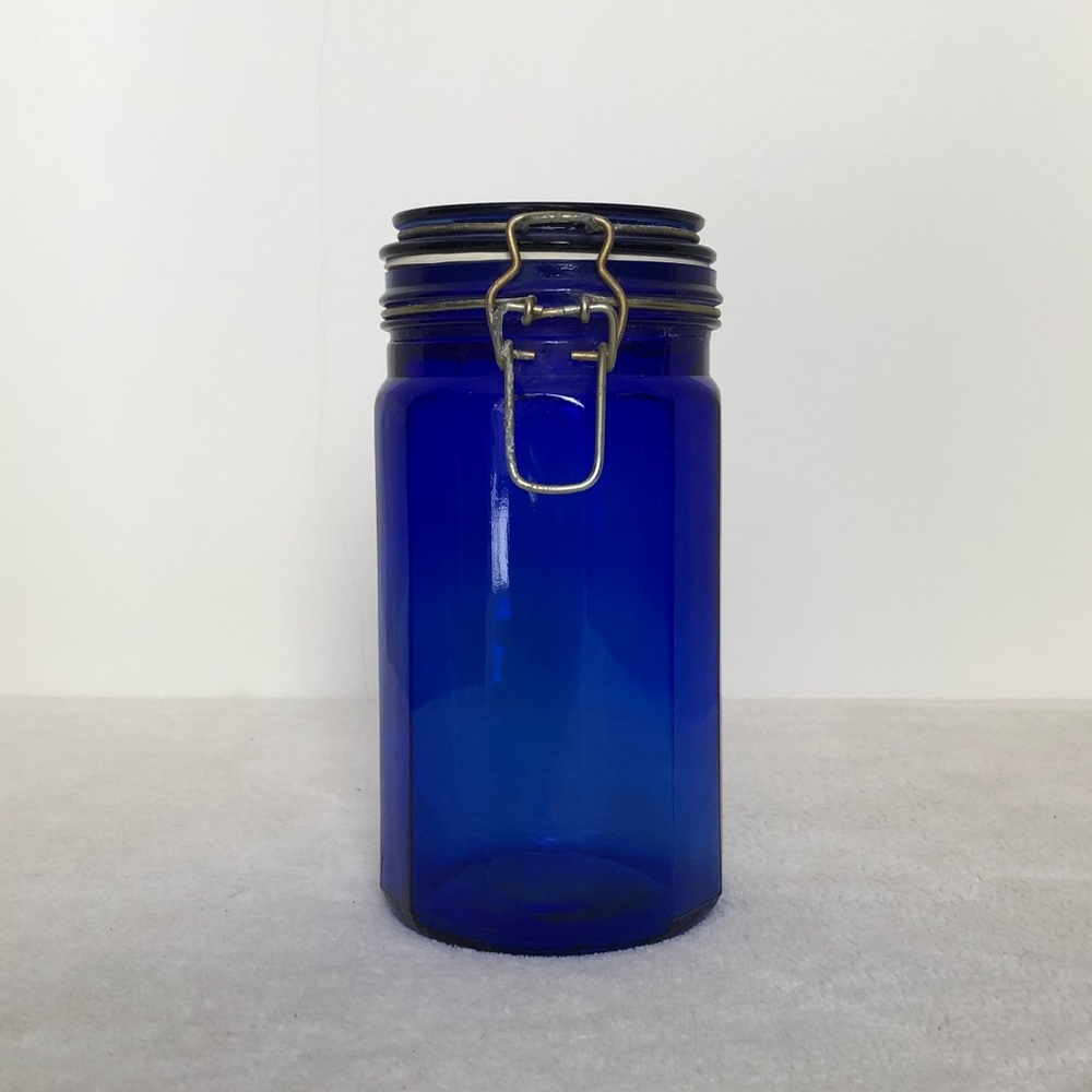Cobalt Blue Hinged Lid Cylindrical Glass Container